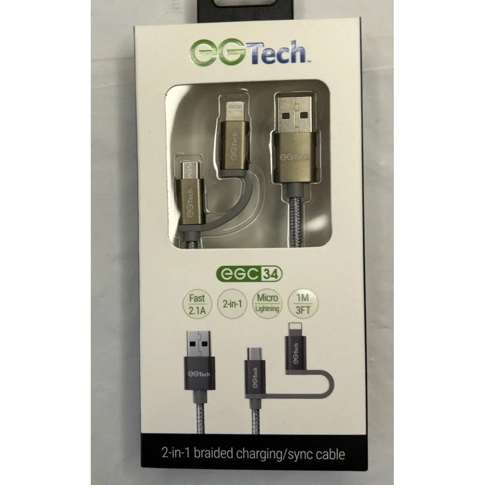 EG Tech 2-in-1 Charging Sync Cable Gray Braided 3 ft 2.1A USB Micro-USB Lighting